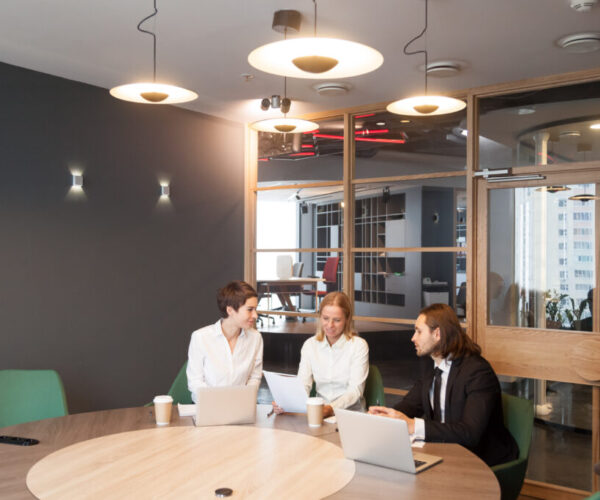 Businesspeople having discussion at team meeting in modern offic